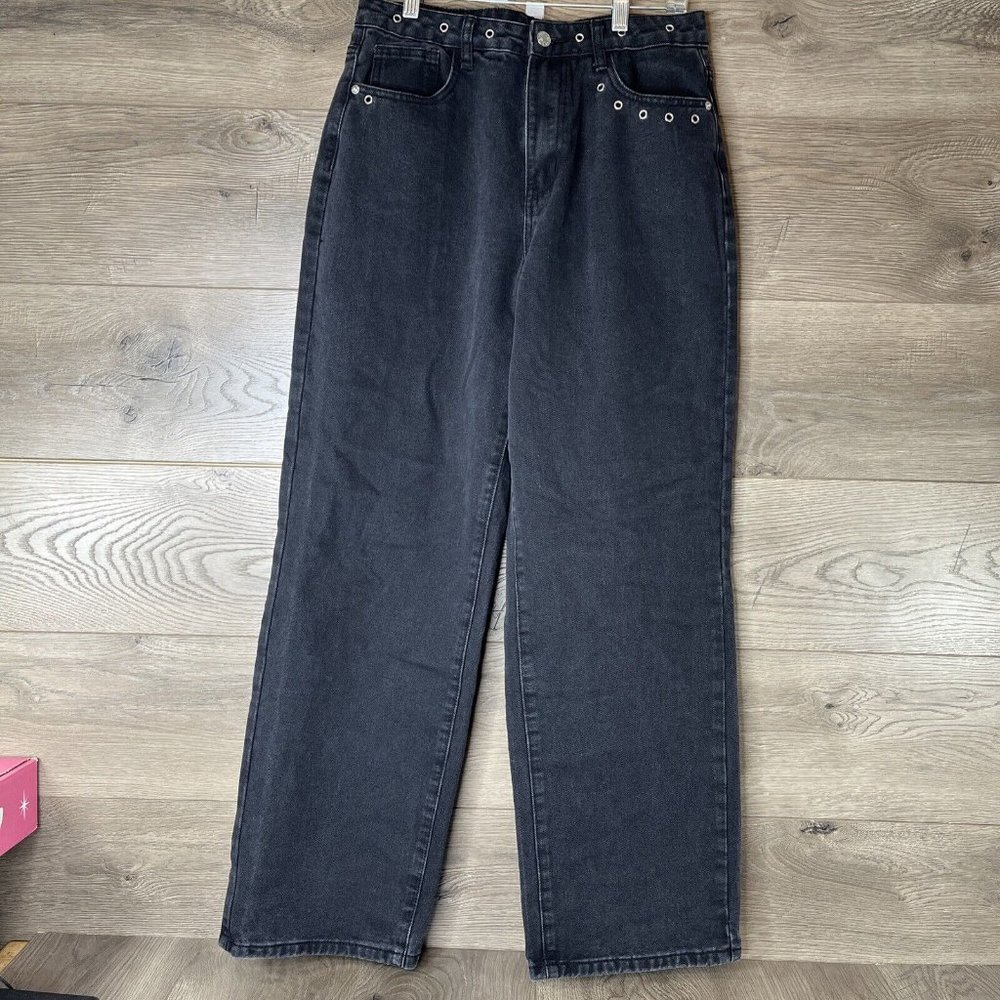 Shein Jeans Womens M Black Jeans Stainless Gromets Wide Leg Zip Button Pockets - Picture 9 of 10